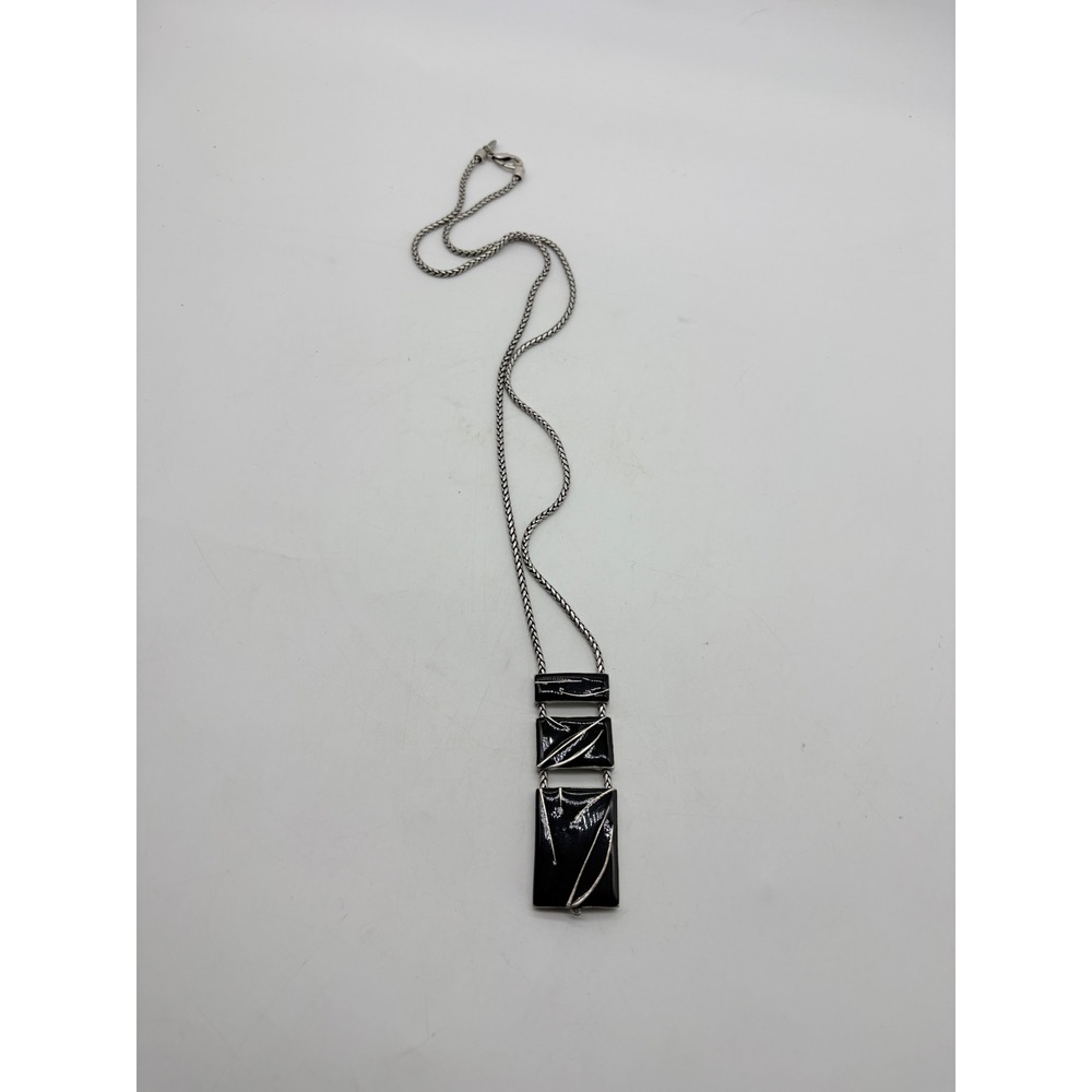 Chicos Black Enamel‎ Tiered Pendant Necklace Silver Tone Wheat Chain 18 Inch